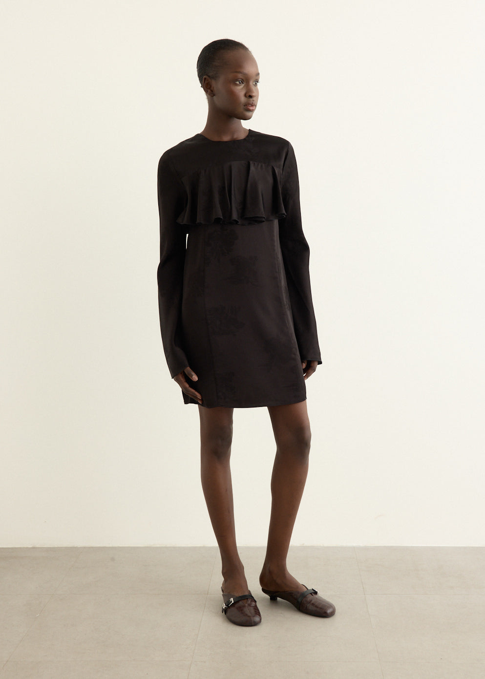 Fluid Satin Jacquard Mini Ruffle Dress