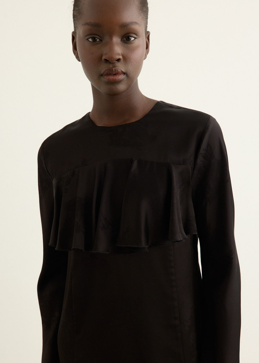 Fluid Satin Jacquard Mini Ruffle Dress