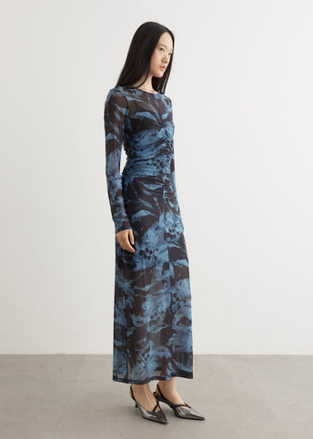 Printed Mesh O-Neck Ruched Long Dress