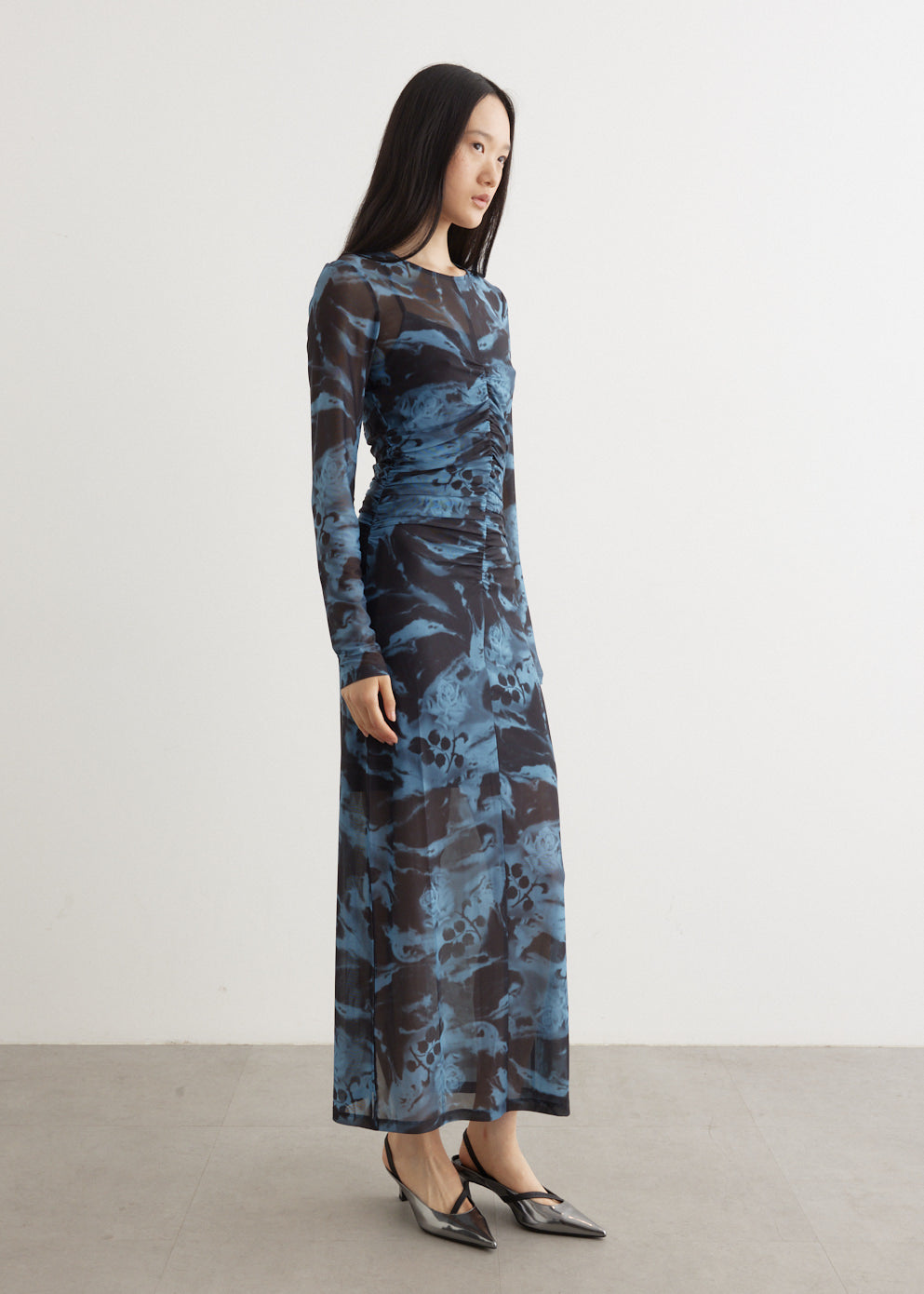 Printed Mesh O-Neck Ruched Long Dress