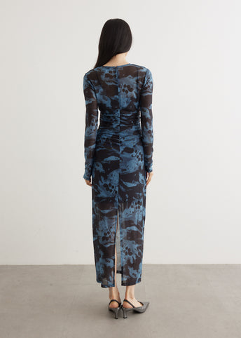 blue mesh oriental print ruched bodycon dress Printed Mesh O-Neck Ruched Long Dress