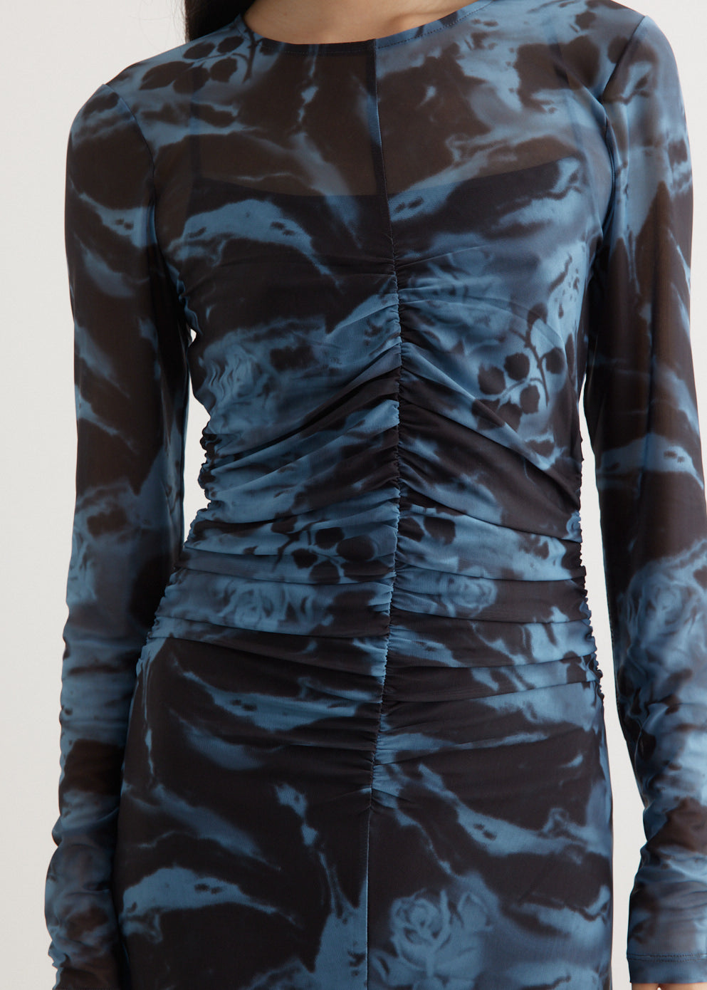 Printed Mesh O-Neck Ruched Long Dress