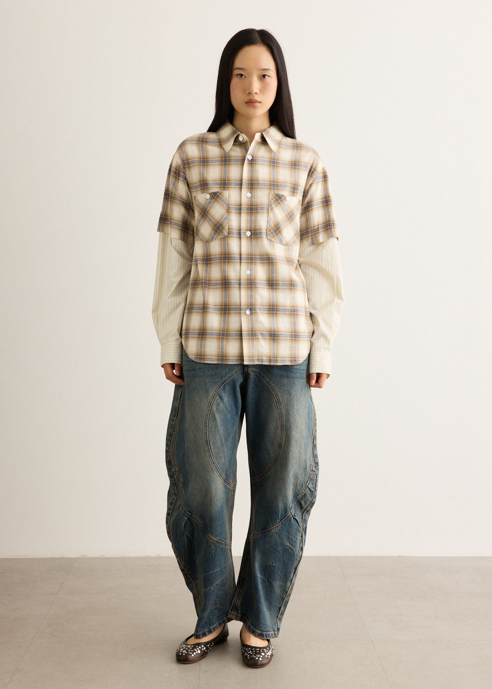Sleeve Layered Check Shirt