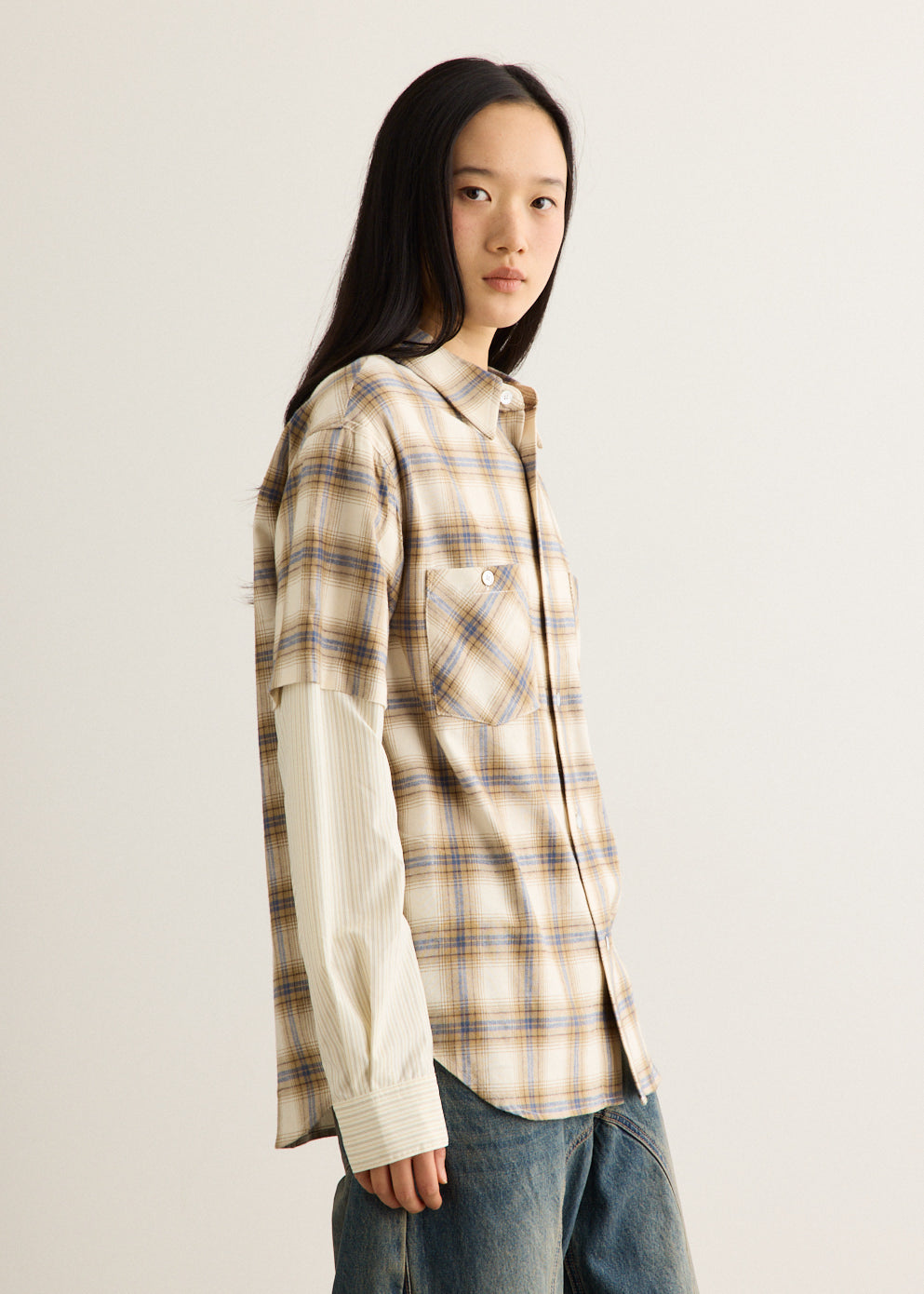 Sleeve Layered Check Shirt