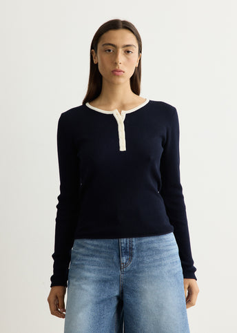 Buttoned Round-Neck Knit Top