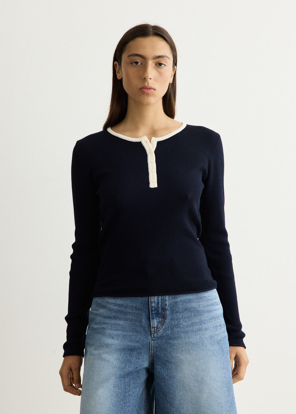 Buttoned Round-Neck Knit Top