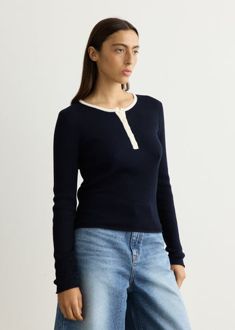 Buttoned Round-Neck Knit Top