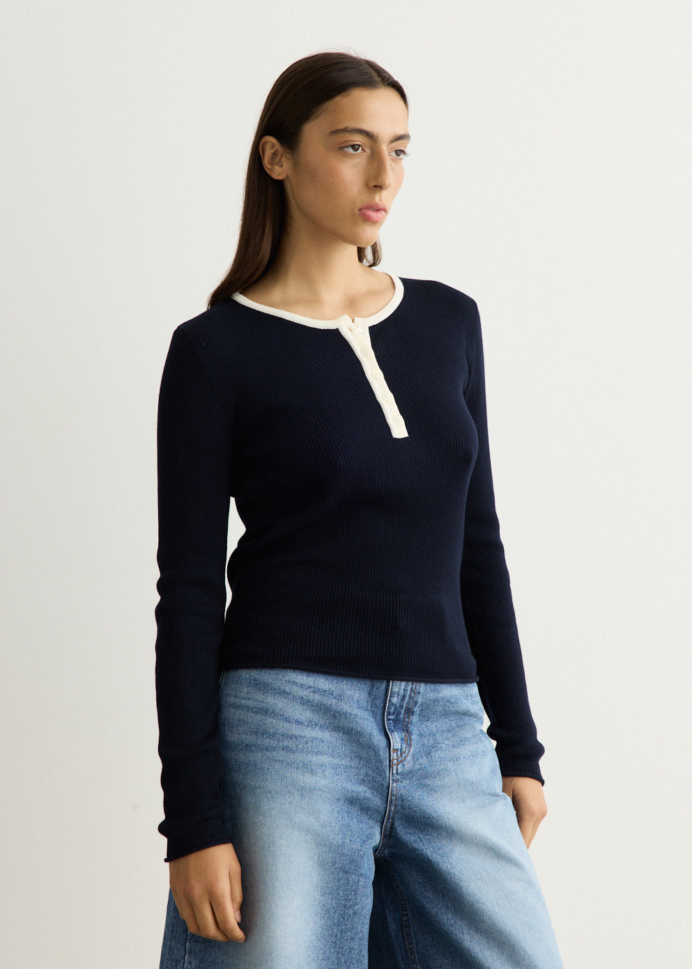 Buttoned Round-Neck Knit Top