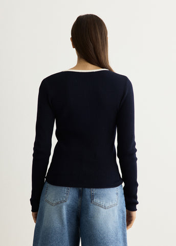 Buttoned Round-Neck Knit Top