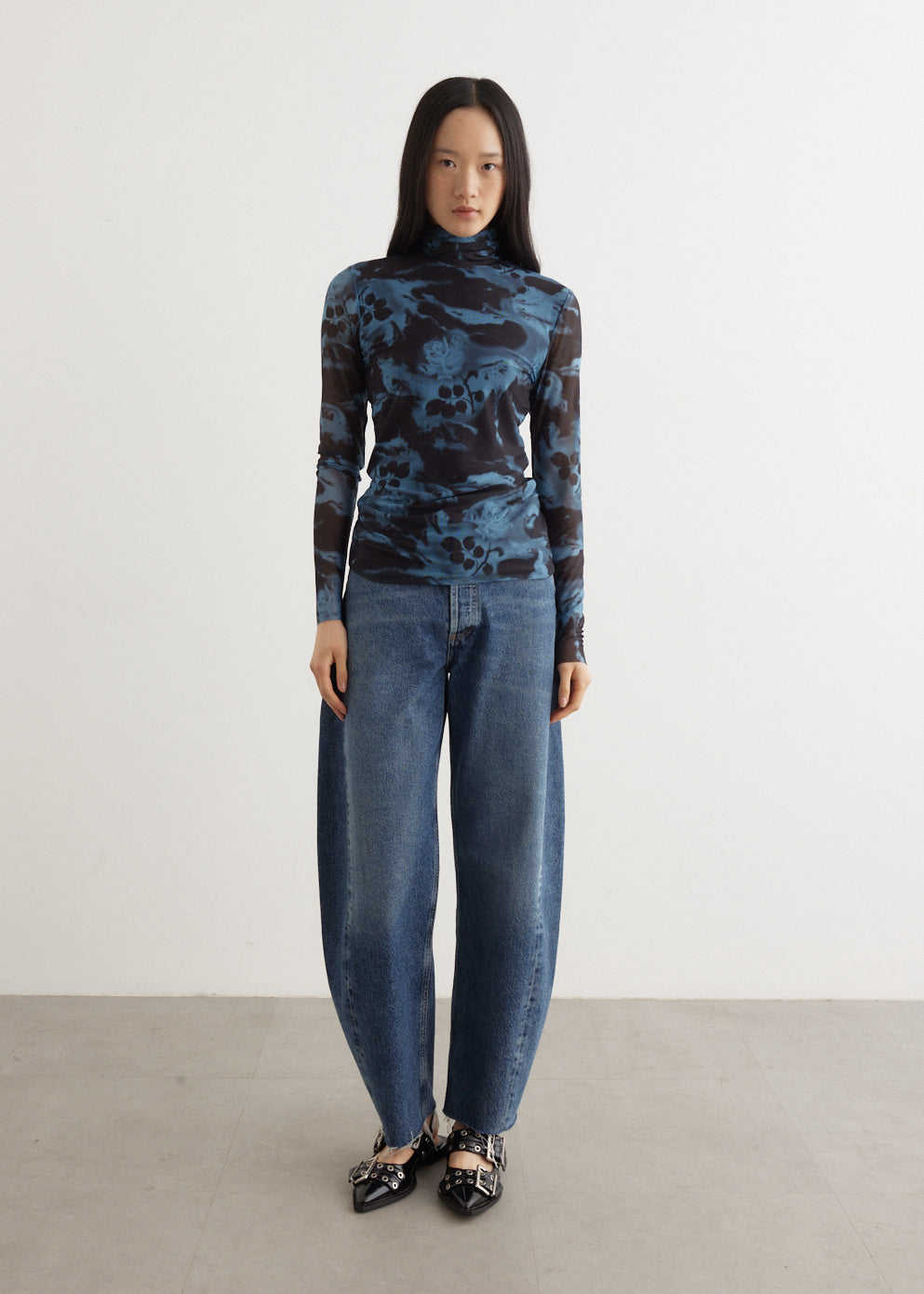 Printed Mesh Long Sleeve Rollneck Top