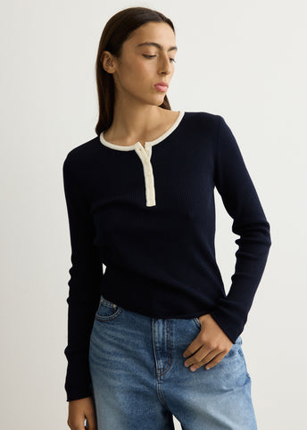 Buttoned Round-Neck Knit Top