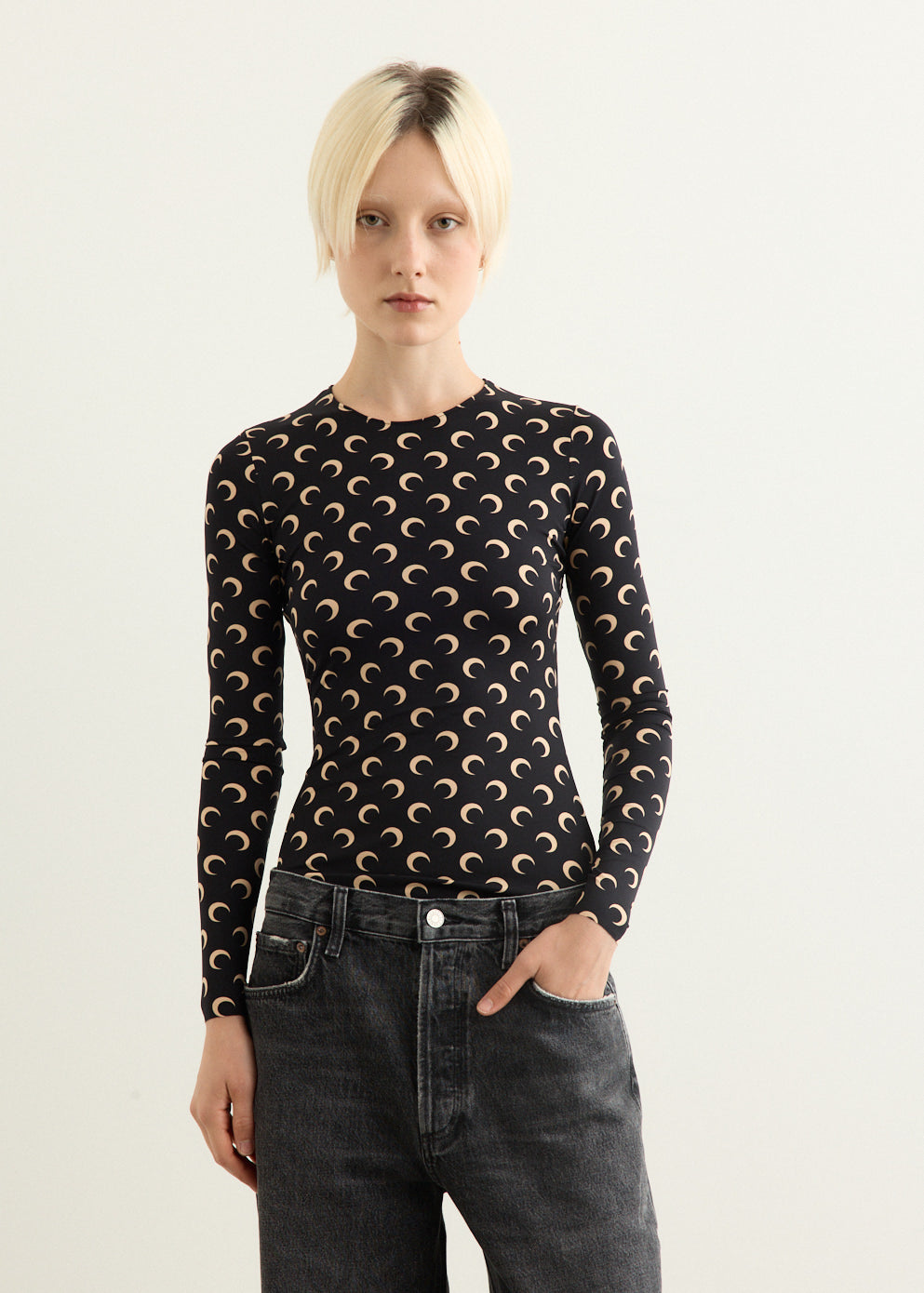 Moon Printed Jersey Long Sleeve Crewneck Top