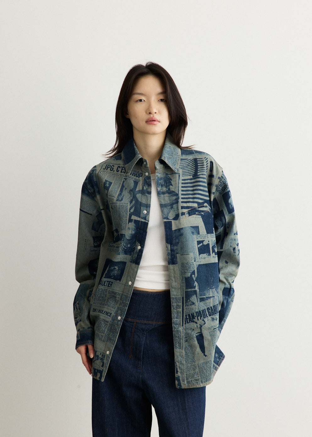 Denim Shirt With Newspaper Print