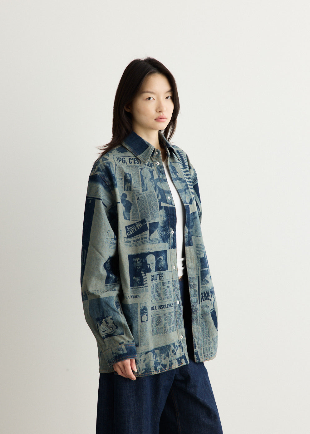 Denim Shirt With Newspaper Print