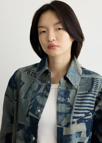 Denim Shirt With Newspaper Print