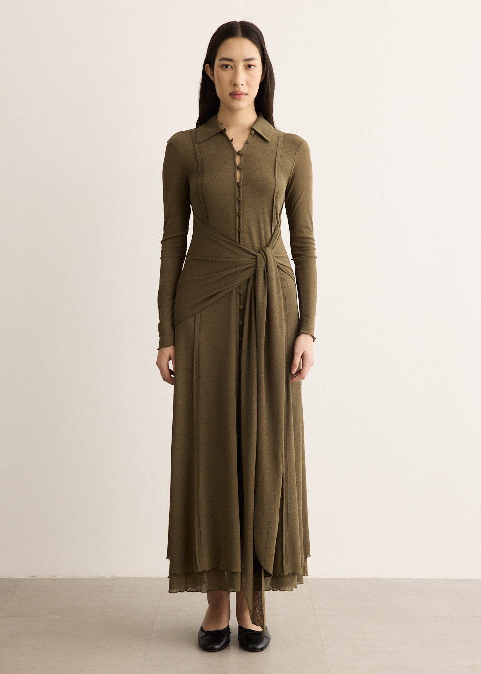 Marl Mesh Long Sleeve Maxi Tie Dress