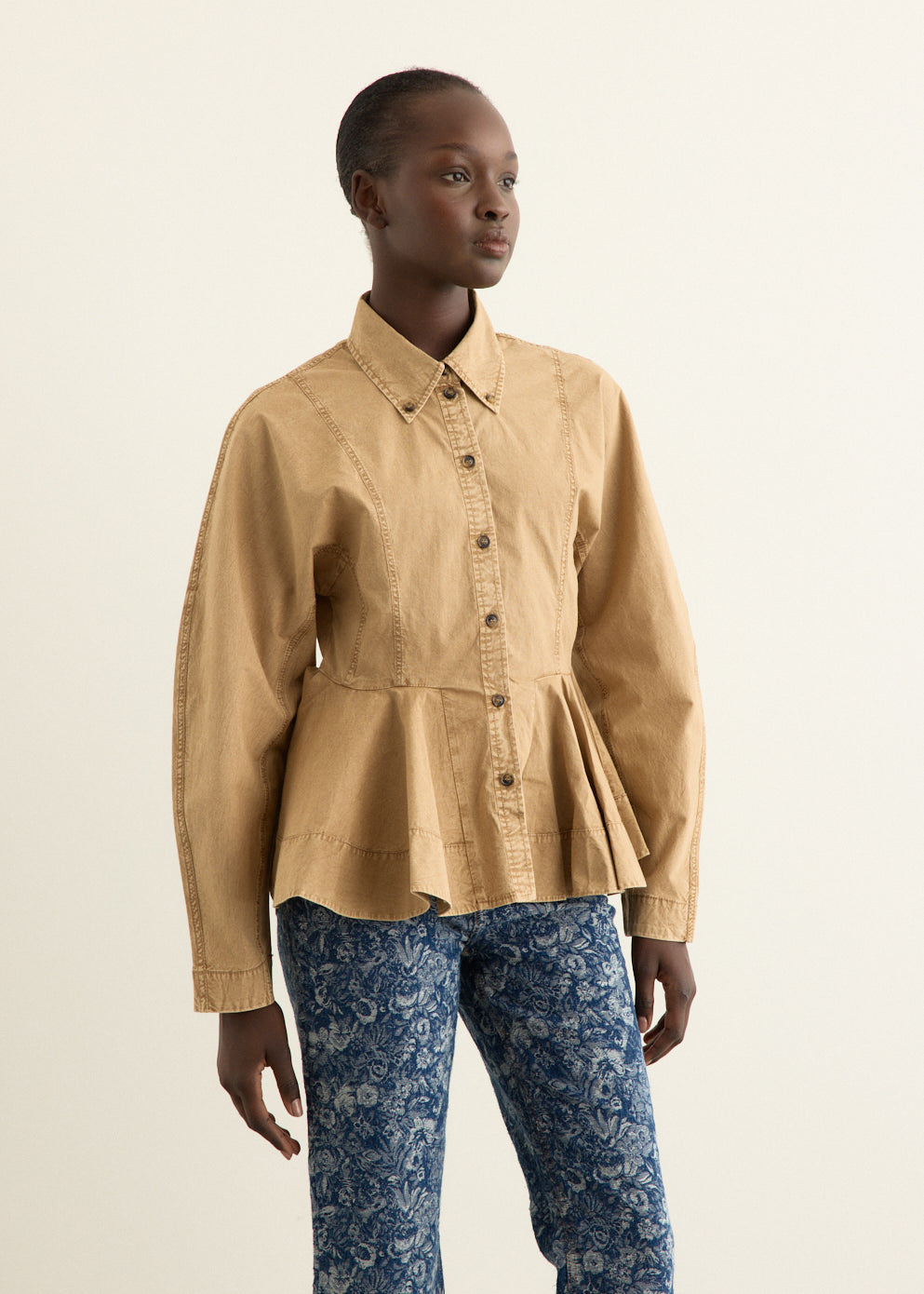 Washed Stretch Cotton Peplum Shirt