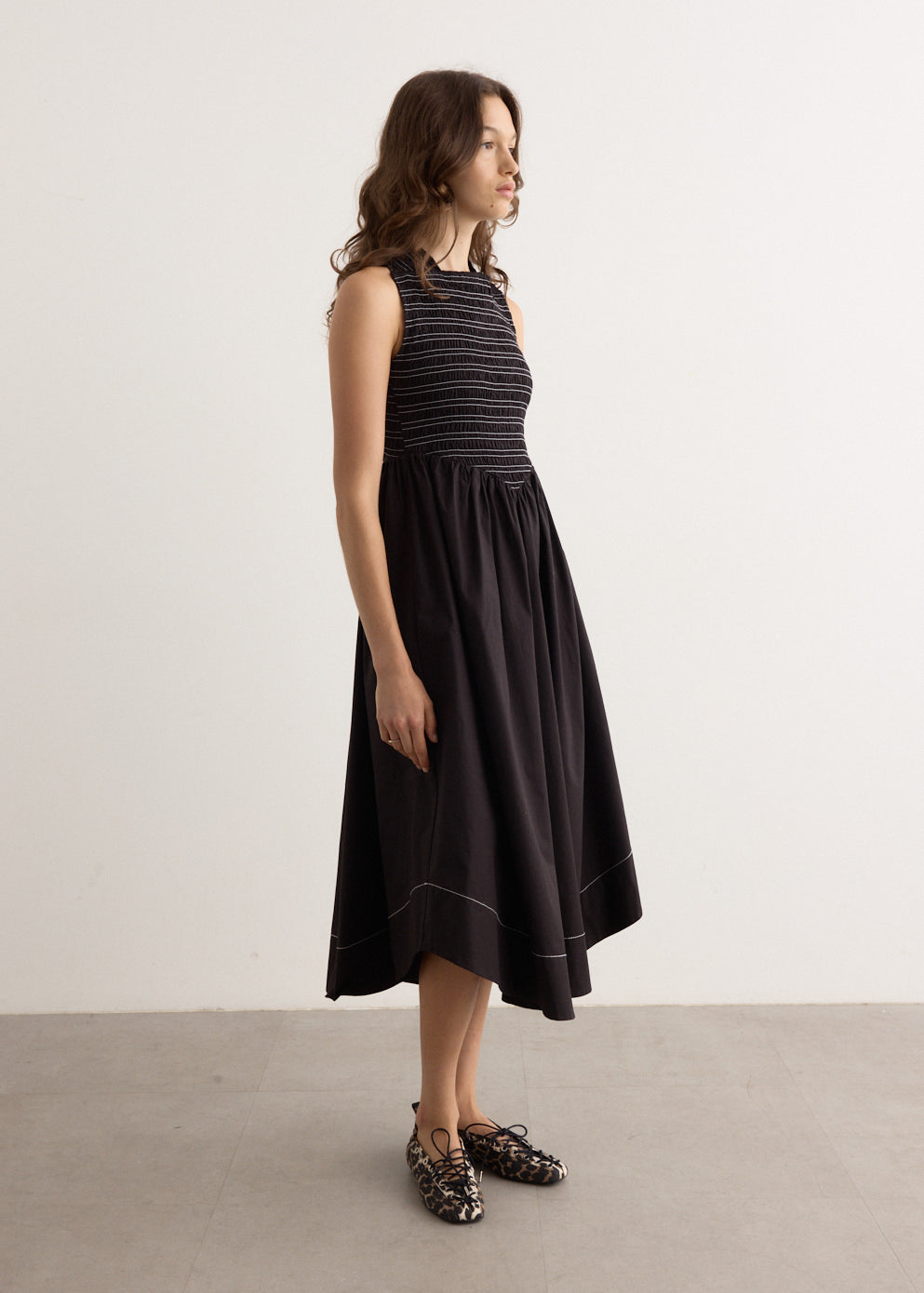 Washed Stretch Cotton Smock Midi Dress
