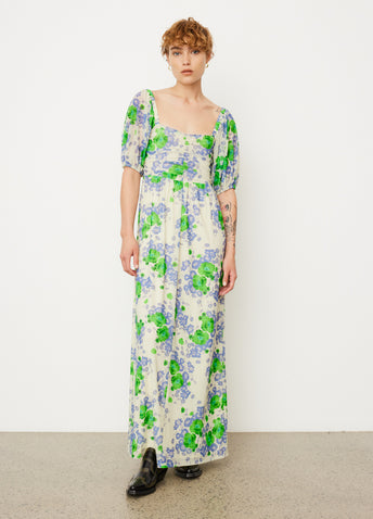 Printed Mesh Puff Sleeves Long Dress