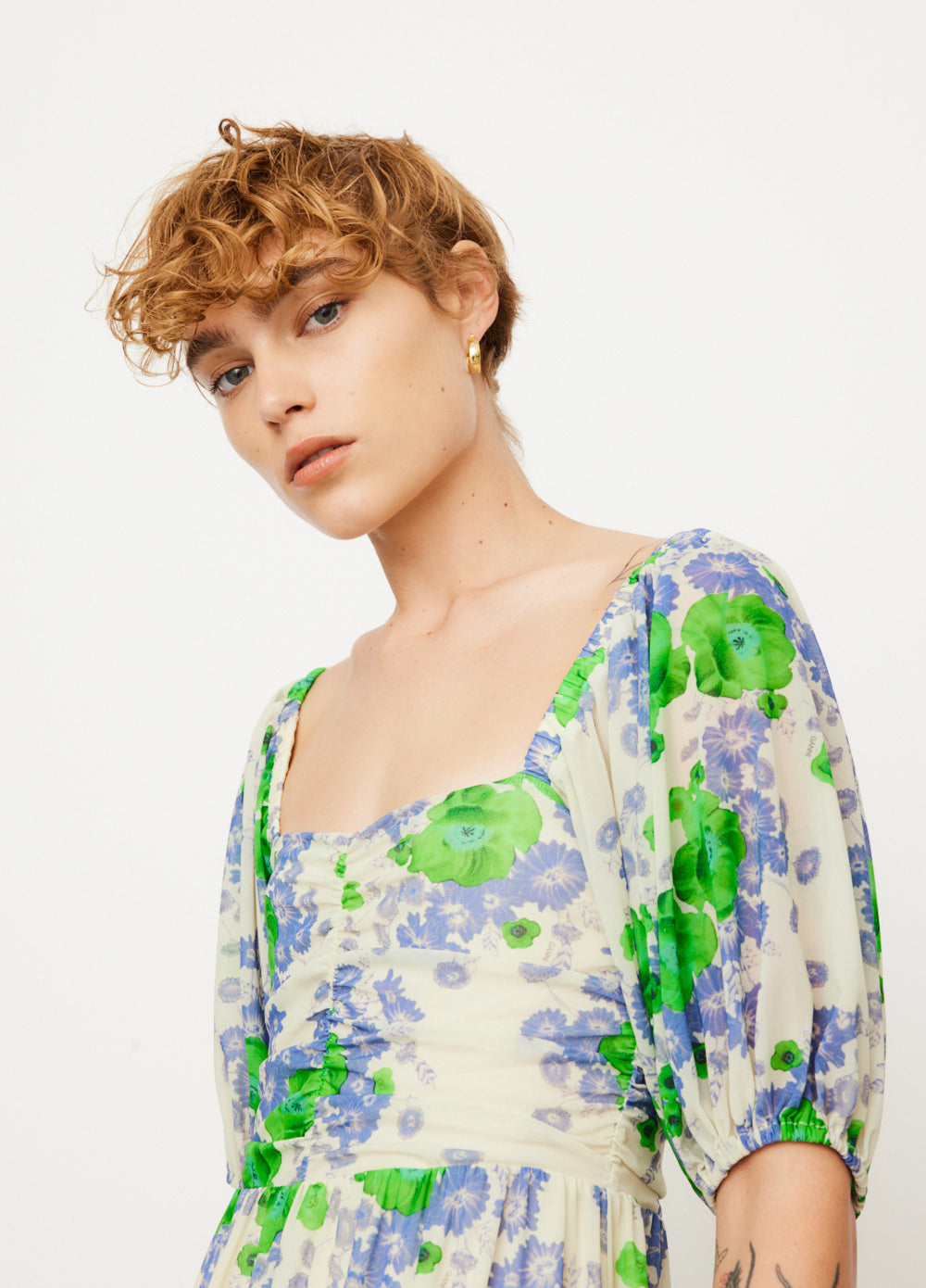 Printed Mesh Puff Sleeves Long Dress