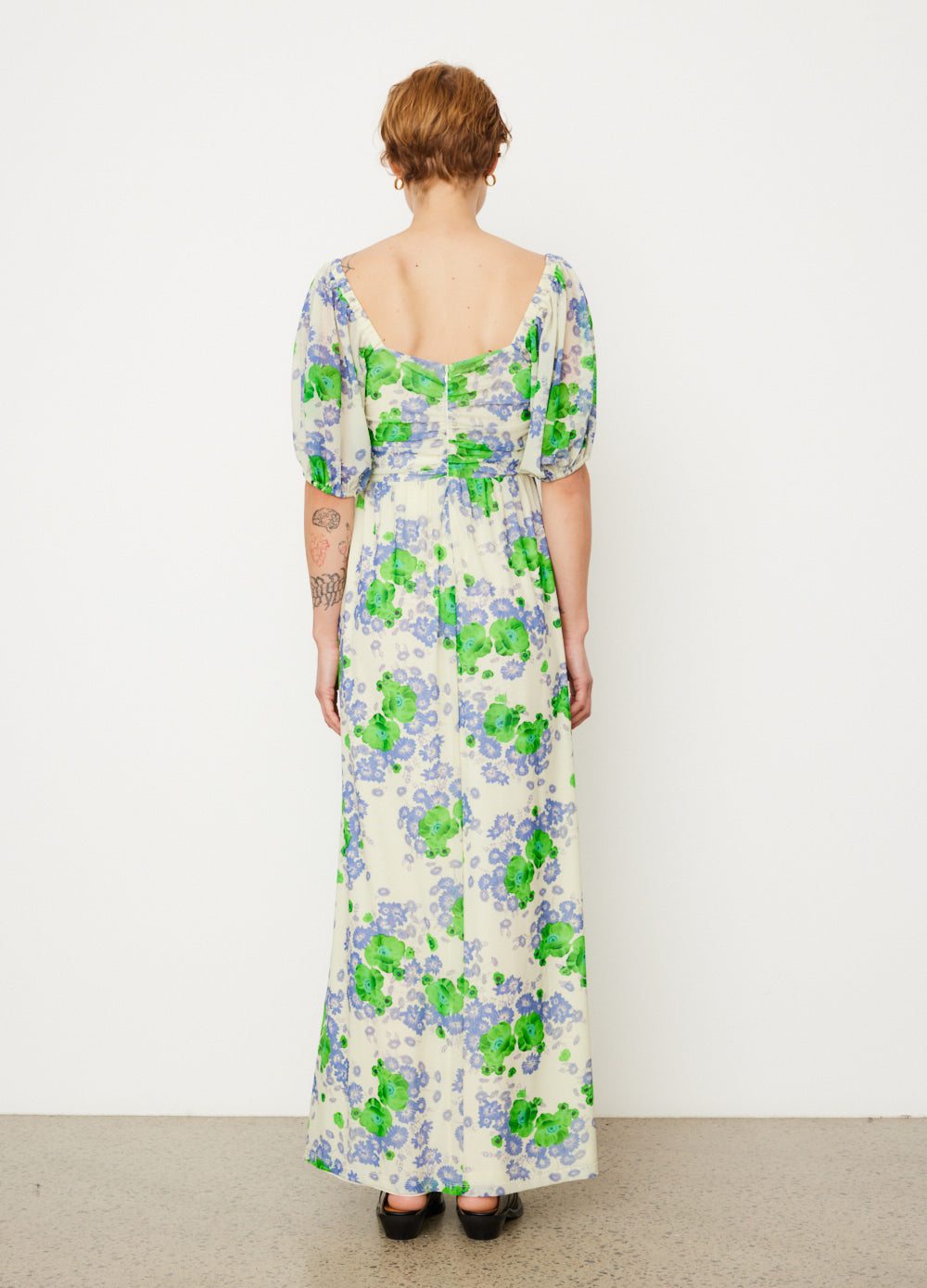 Printed Mesh Puff Sleeves Long Dress