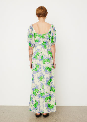 Printed Mesh Puff Sleeves Long Dress