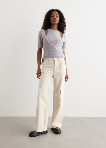 Brushed Alpaca Short-Sleeve Wrap Blouse