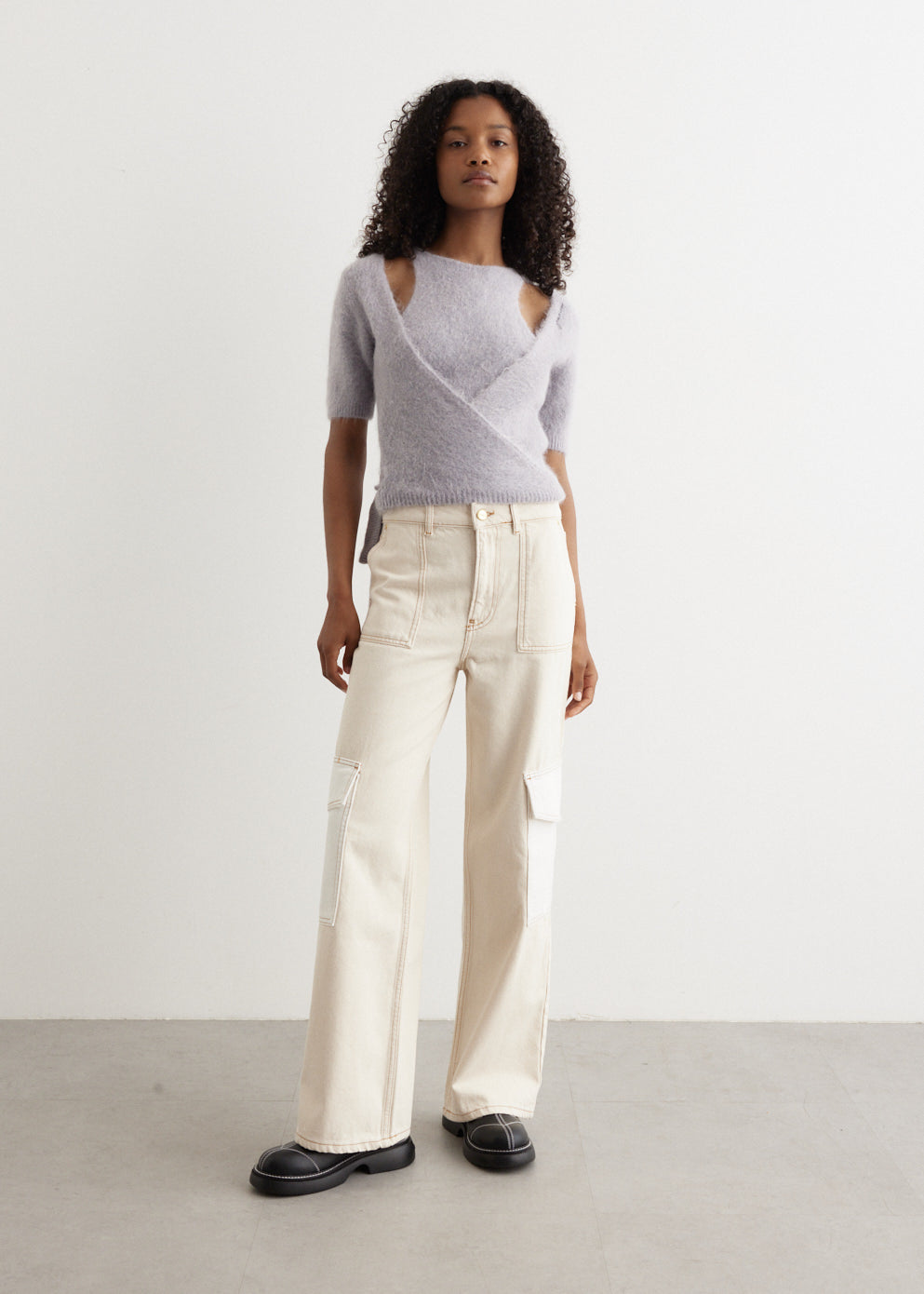 Brushed Alpaca Short-Sleeve Wrap Blouse