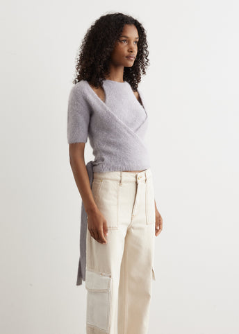 Brushed Alpaca Short-Sleeve Wrap Blouse