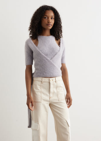 Brushed Alpaca Short-Sleeve Wrap Blouse