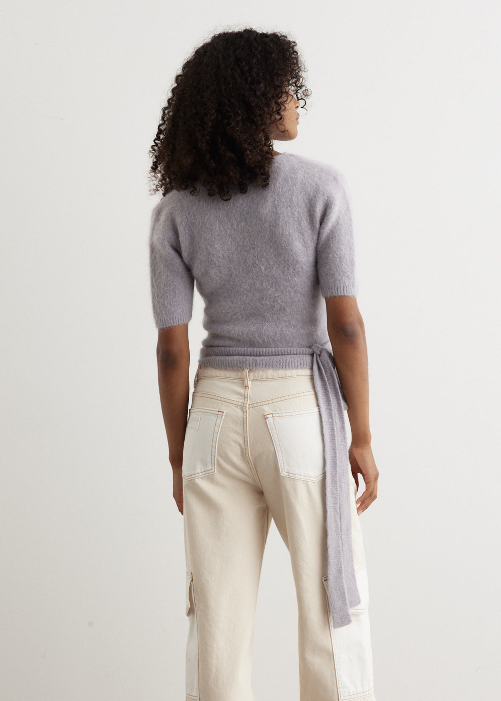 Brushed Alpaca Short-Sleeve Wrap Blouse