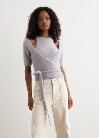 Brushed Alpaca Short-Sleeve Wrap Blouse