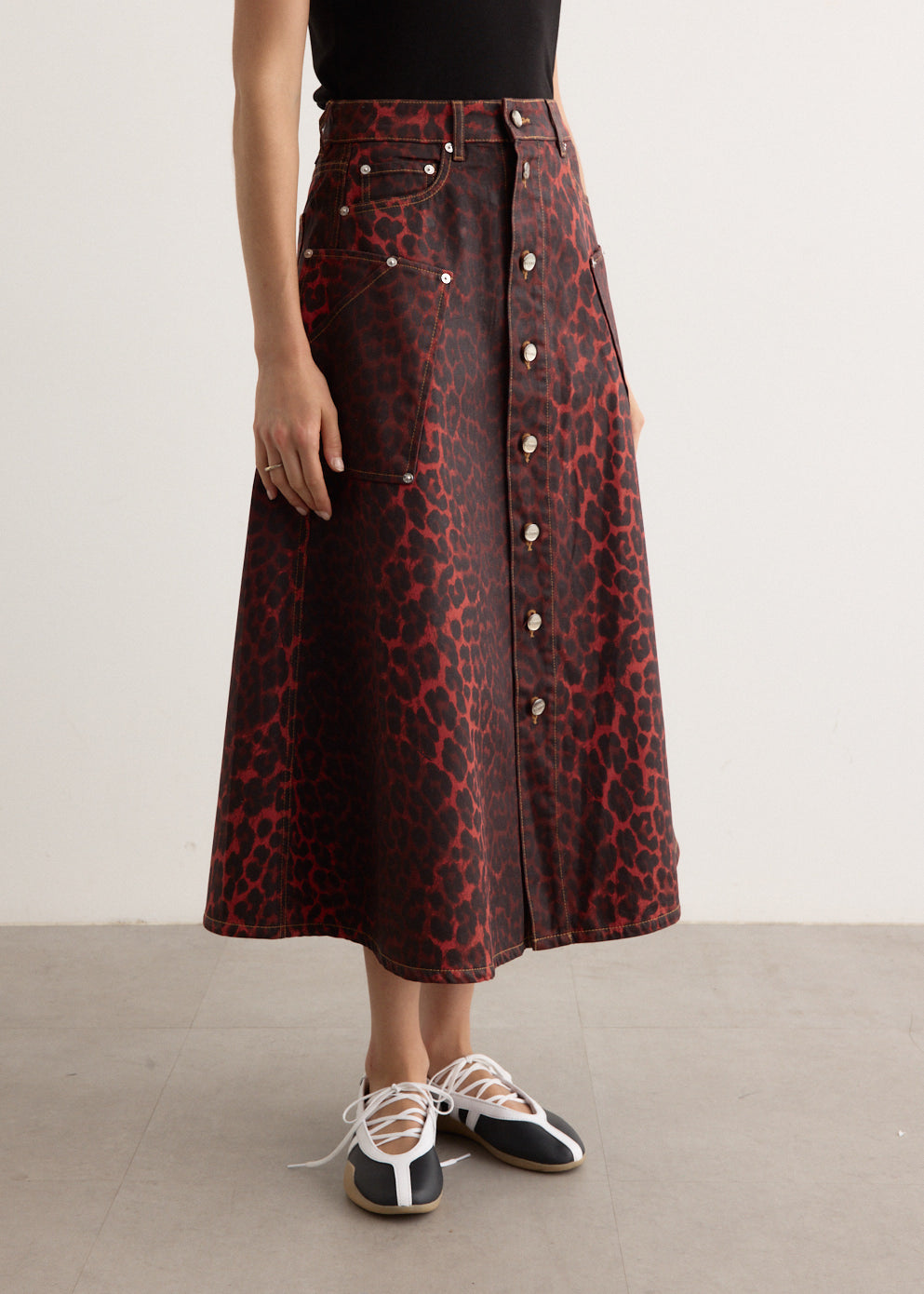Foil Denim Midi Skirt