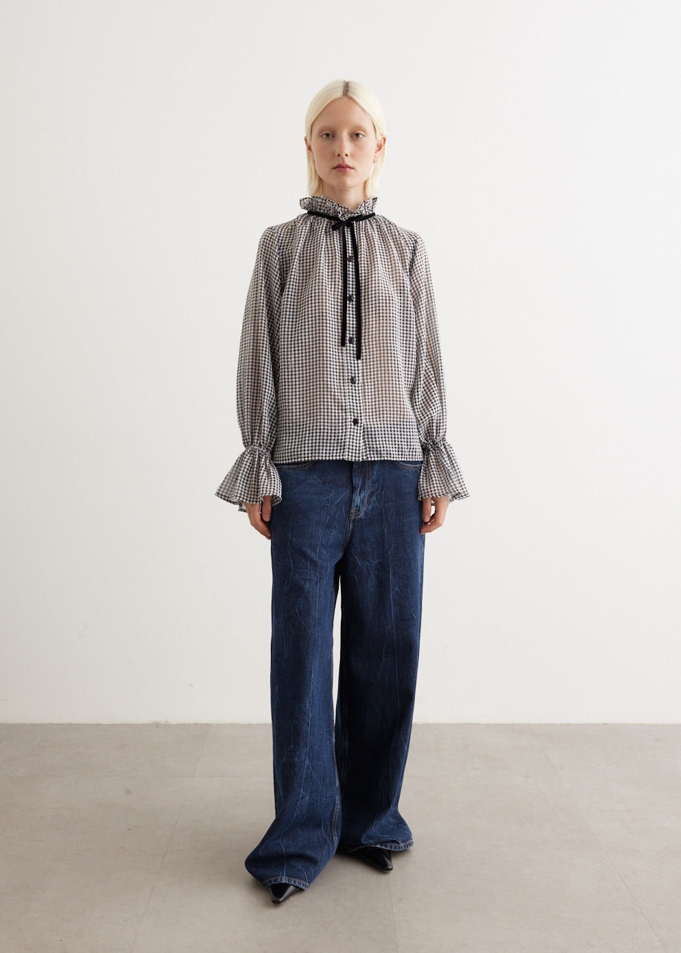 Sheer Fluid Check Tie String Shirt Sheer Fluid Check Tie String Shirt