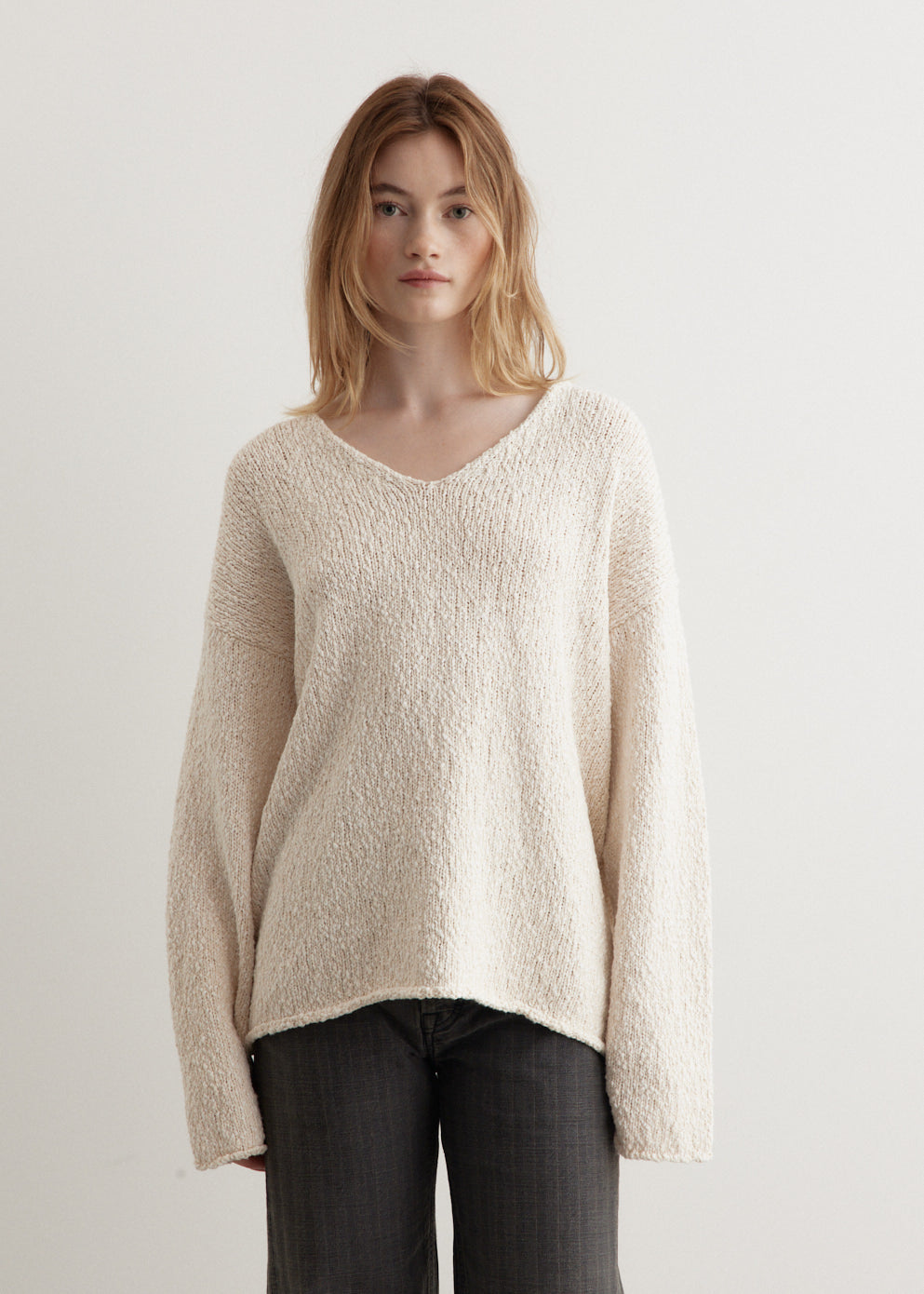 Boucle Knitted V-Neck Sweater