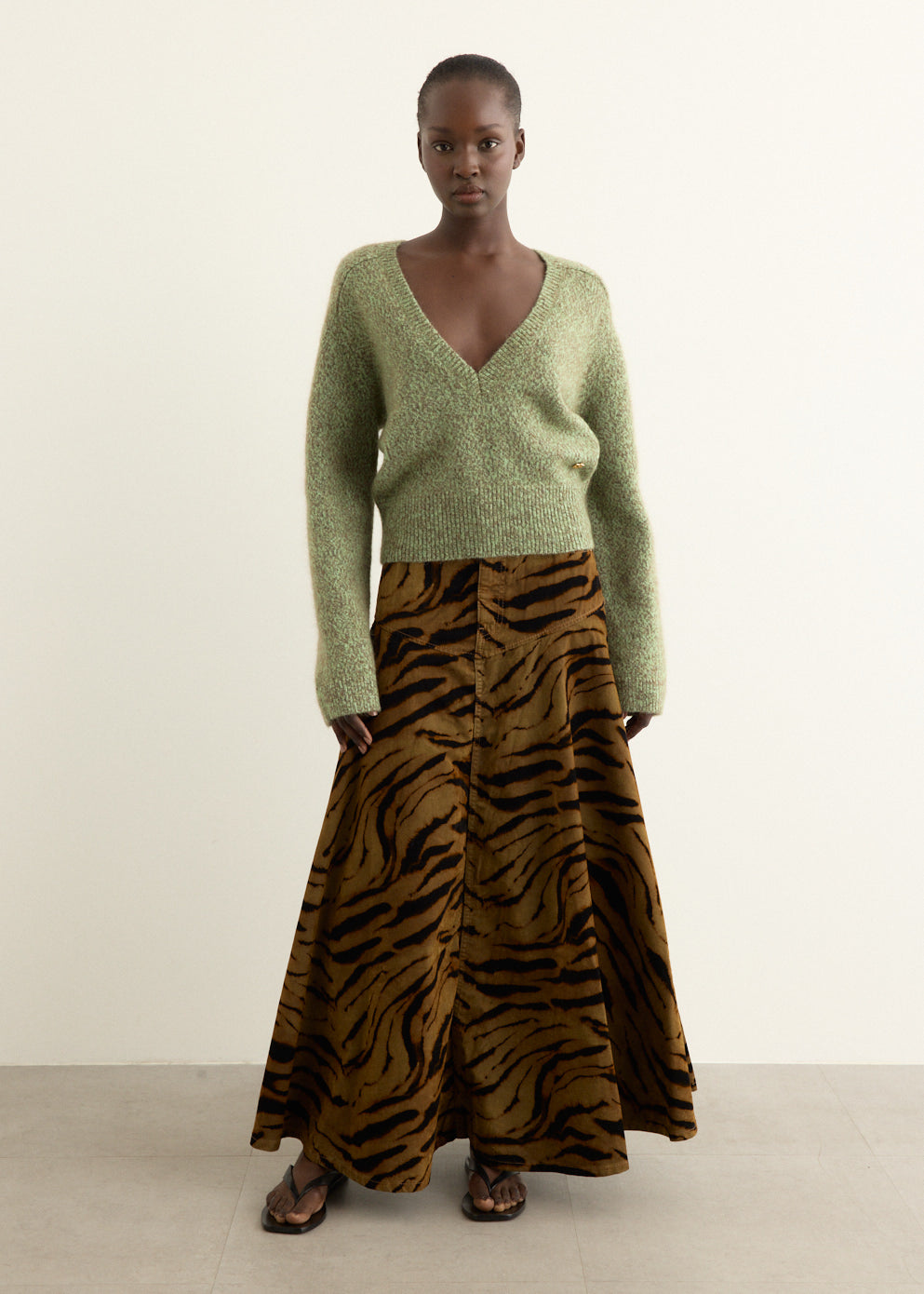 Printed Flock Denim Long Skirt