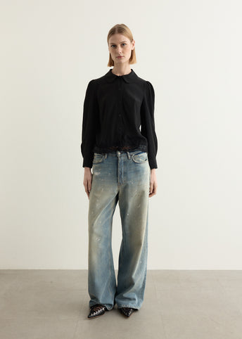 Cropped Ribbon Trim Round Collar Shirt