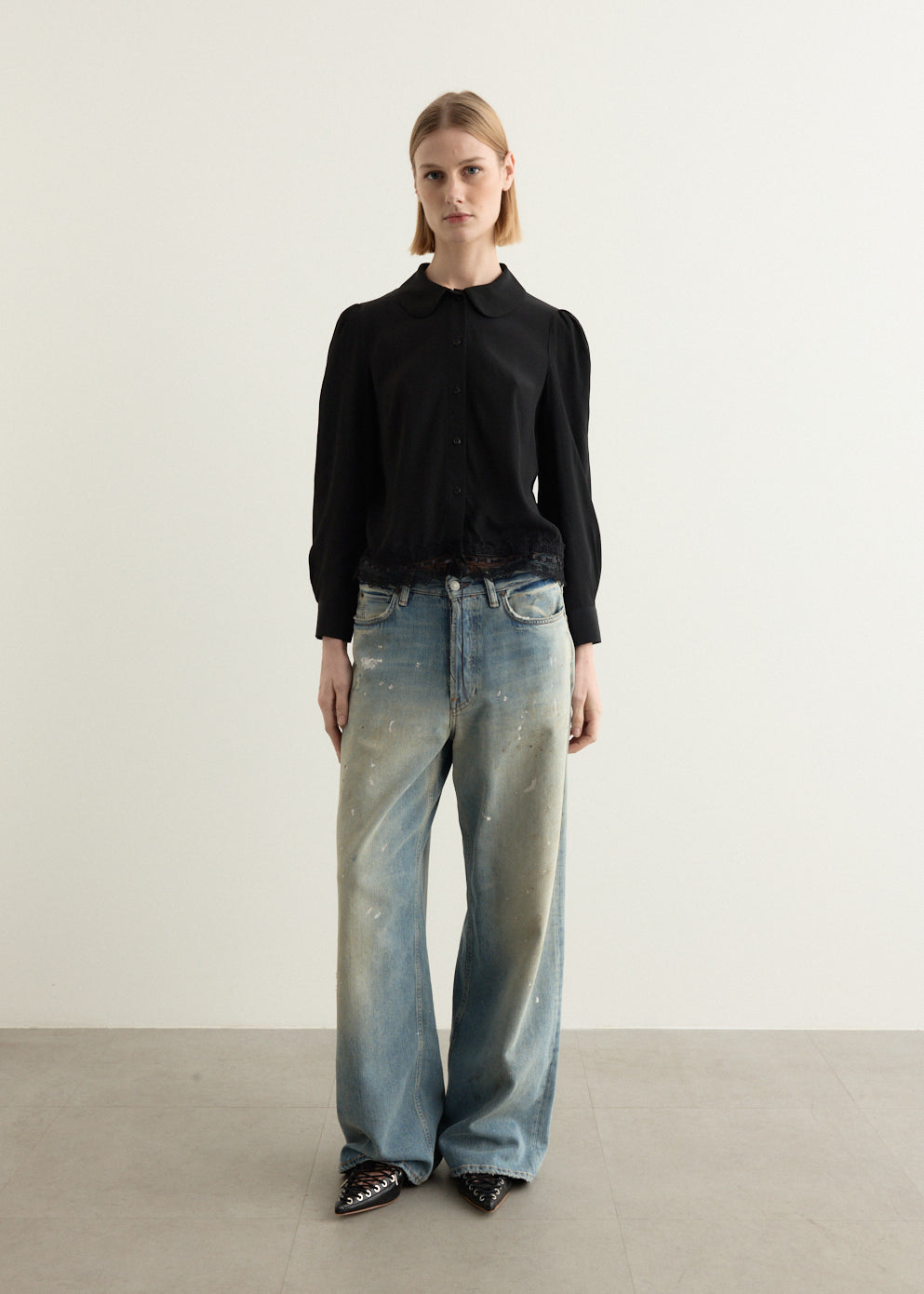 Cropped Ribbon Trim Round Collar Shirt