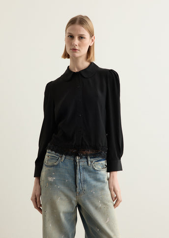 Cropped Ribbon Trim Round Collar Shirt
