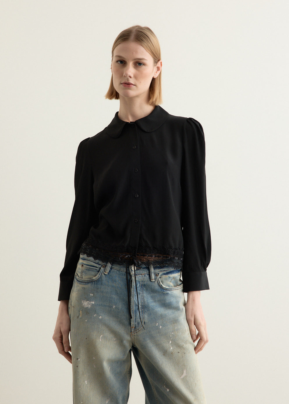Cropped Ribbon Trim Round Collar Shirt