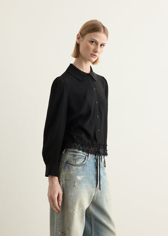 Cropped Ribbon Trim Round Collar Shirt