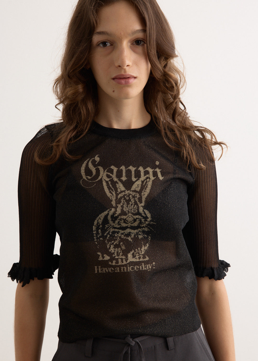 Tシャツ・カットソー Ganni SS25 TRANSPARENT JACQUARD TOP (K2479 099) Sheer Jacquard Top