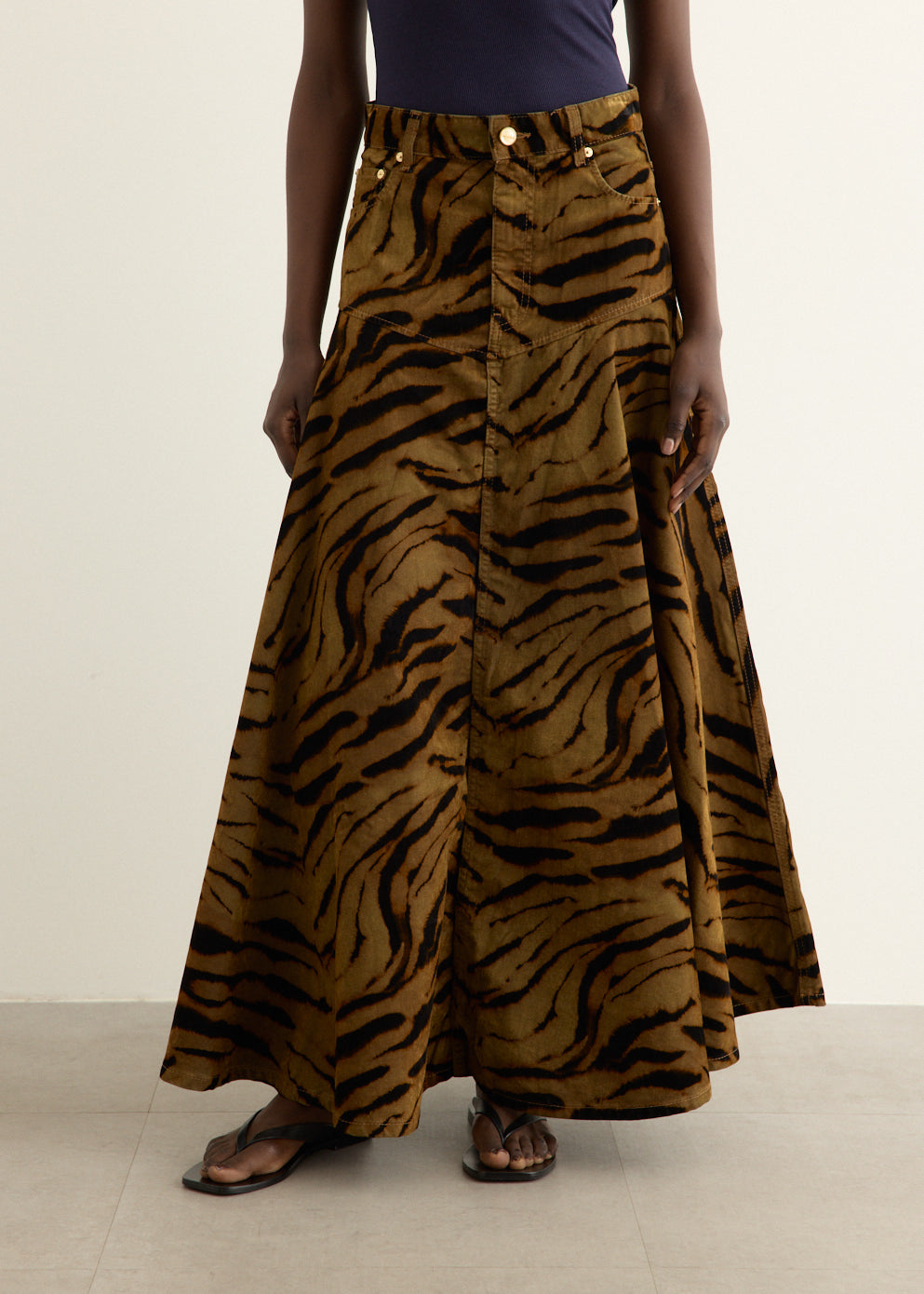 Printed Flock Denim Long Skirt