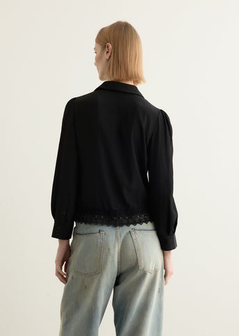 Cropped Ribbon Trim Round Collar Shirt