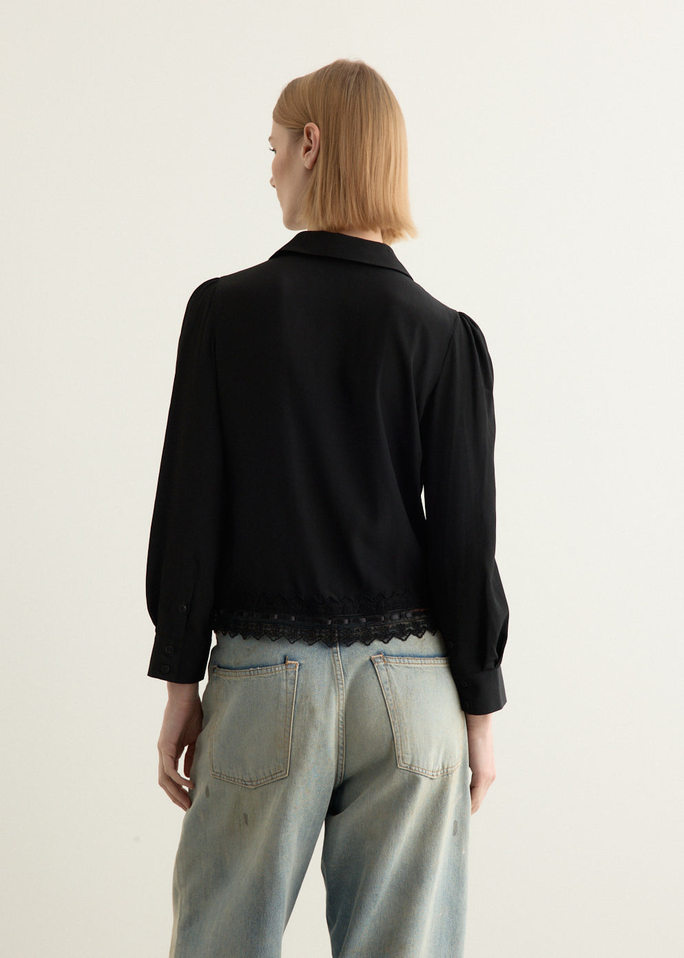 Cropped Ribbon Trim Round Collar Shirt