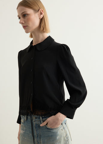 Cropped Ribbon Trim Round Collar Shirt