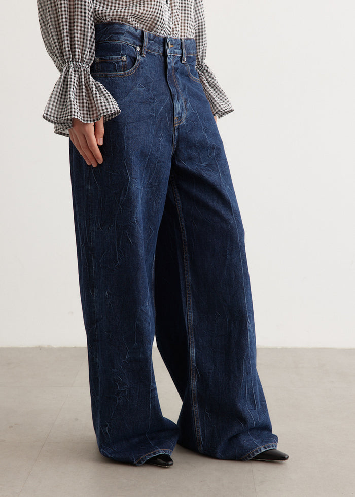GANNI BLUE CRINKLED FUTURE DENIM MARRI JEANS