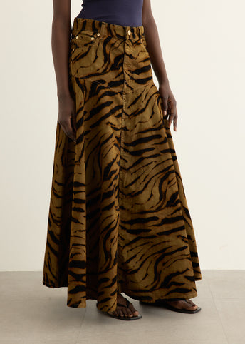 Printed Flock Denim Long Skirt