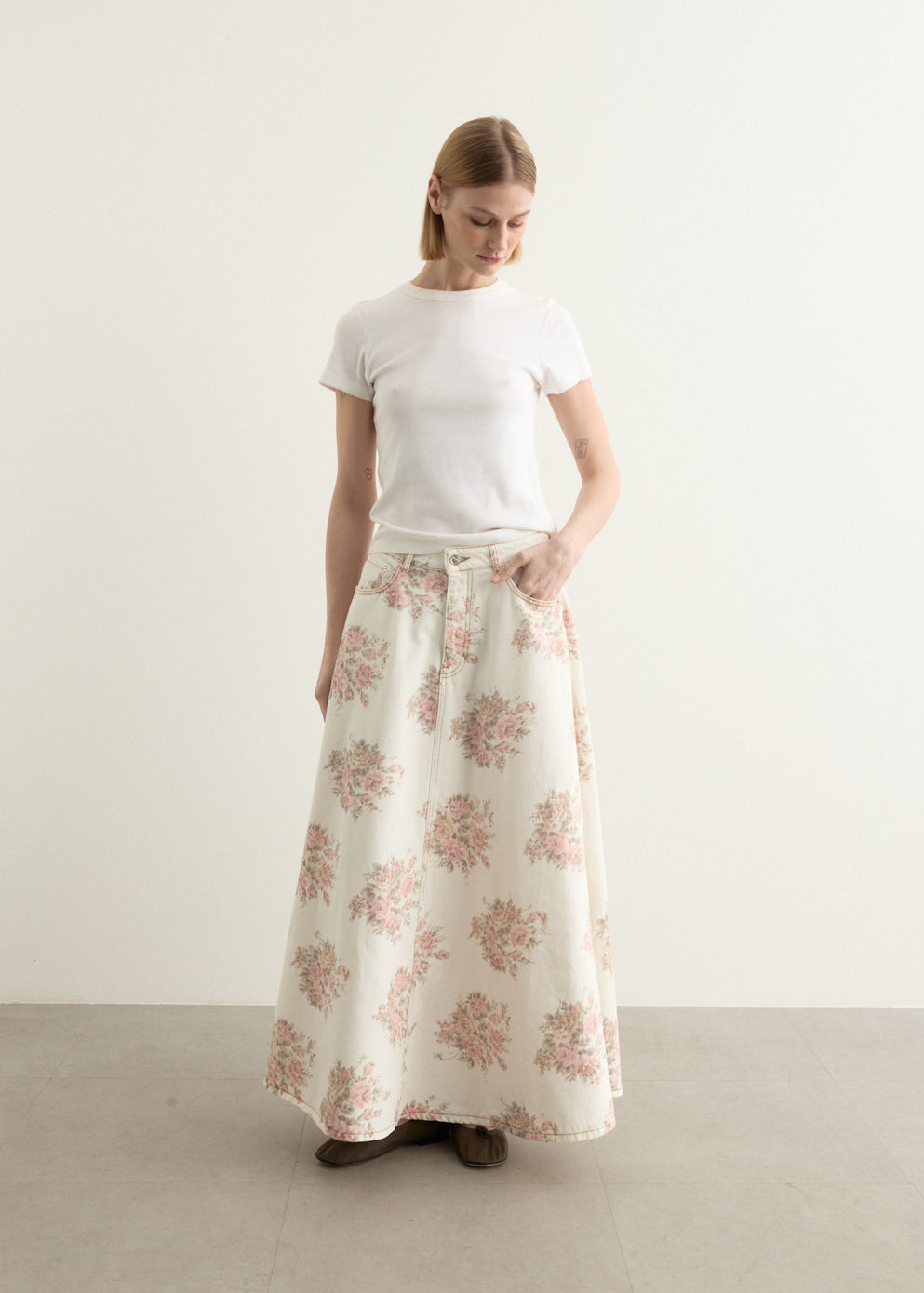 Print Denim Maxi Skirt
