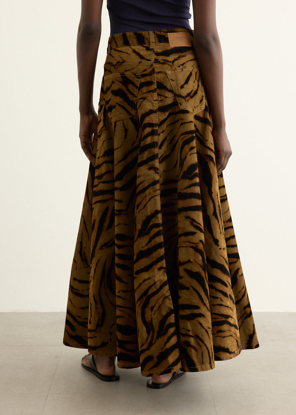 Printed Flock Denim Long Skirt